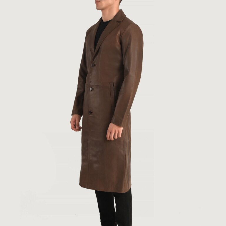 Mens Mateo Brown Leather Single Breasted Coat Side Pose-3-1704114139215